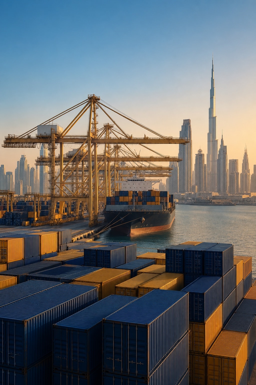 Cargo containers, port cranes and the Dubai skyline — ZENVEX global trade